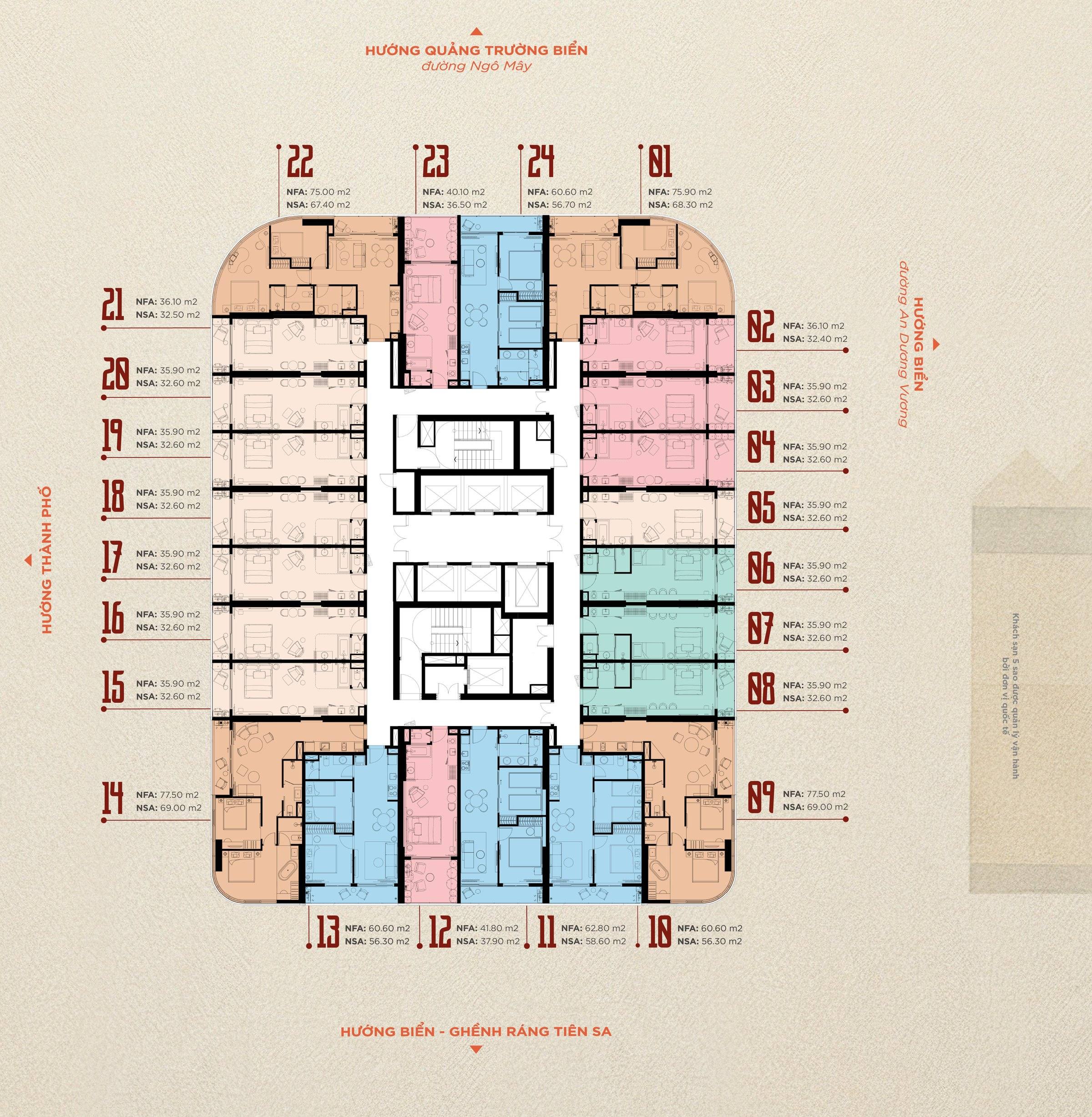 Mặt bằng tầng điển hình Q'Terra Quy Nhơn — Tầng 22–30 & 32–39